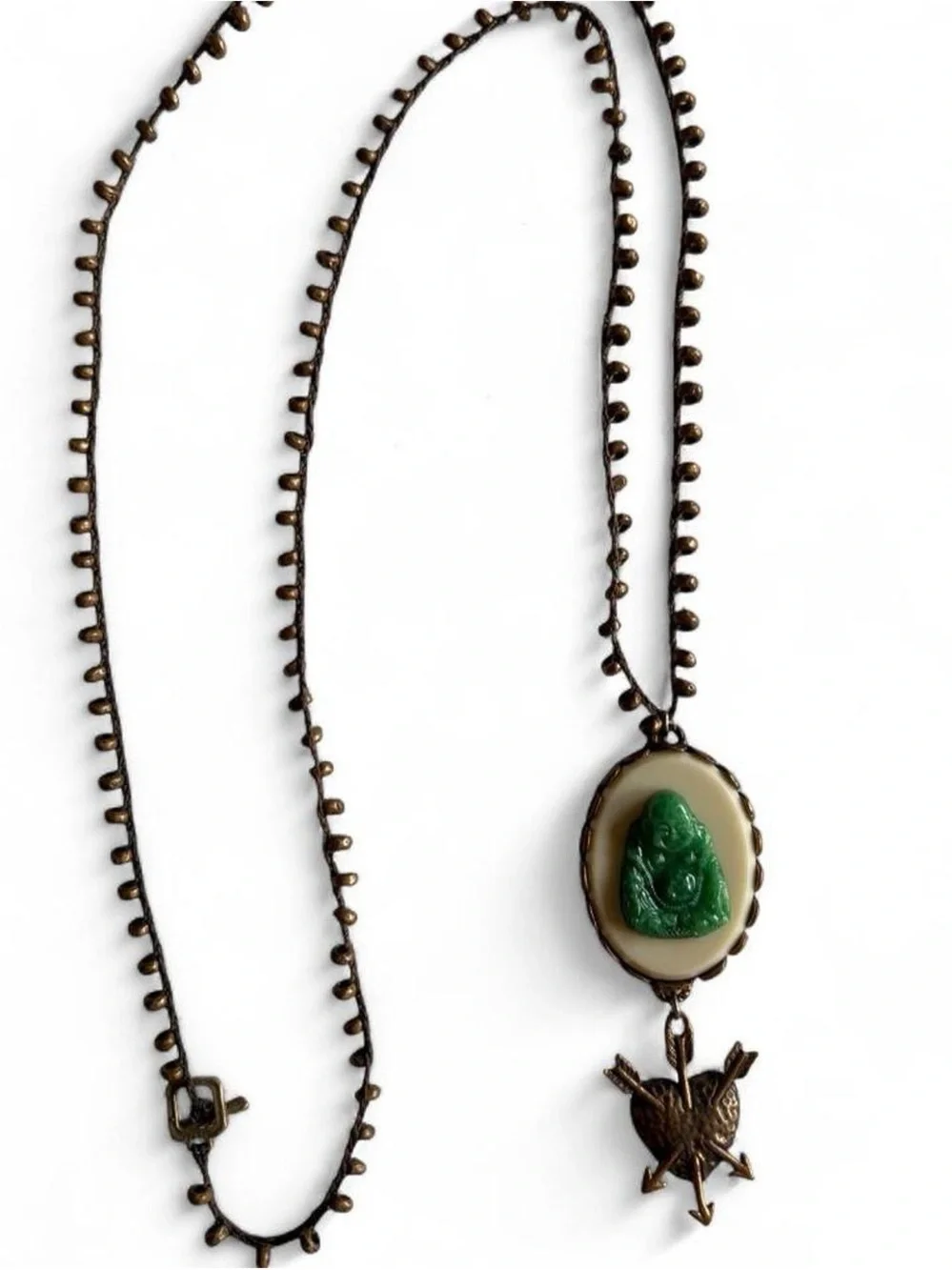 Signed Love Heals Jade Green Buddha Bronze Sacred Heart Bohemian Necklace 🌳